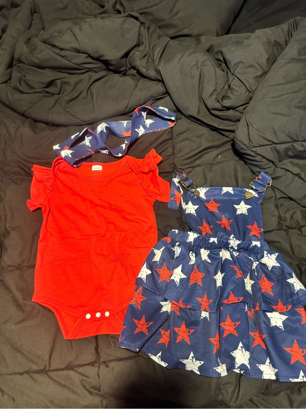 SHEIN Red Bodysuit with Navy Star Print Pinafore Set